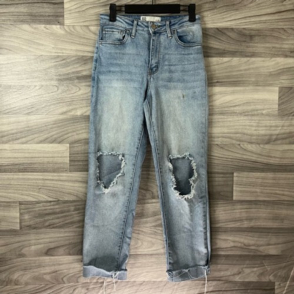 RSQ Jeans Womens 3 High Rise Straight Leg Mom Blue Distressed Light Wash Juniors
